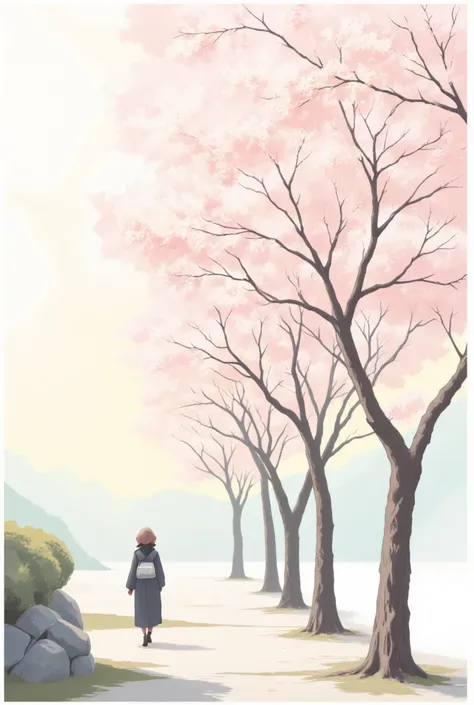 Illustration of a row of stylish cherry blossom trees