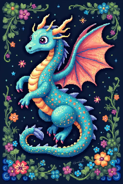 magic dragon pixel art, cross stitch pattern
