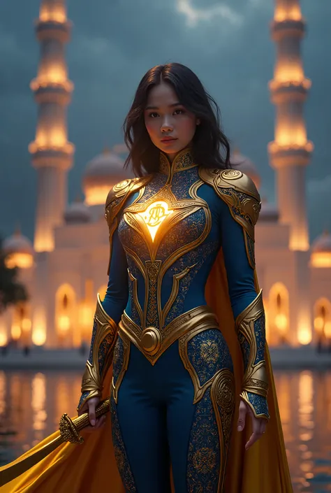 A majestic and elegant female superhero inspired by Brunei, wearing a royal deep blue and gold battle suit with intricate Islamic geometric patterns, symbolizing tradition and royalty. A flowing golden cape, resembling the Sultan’s royal robes, trails behi...