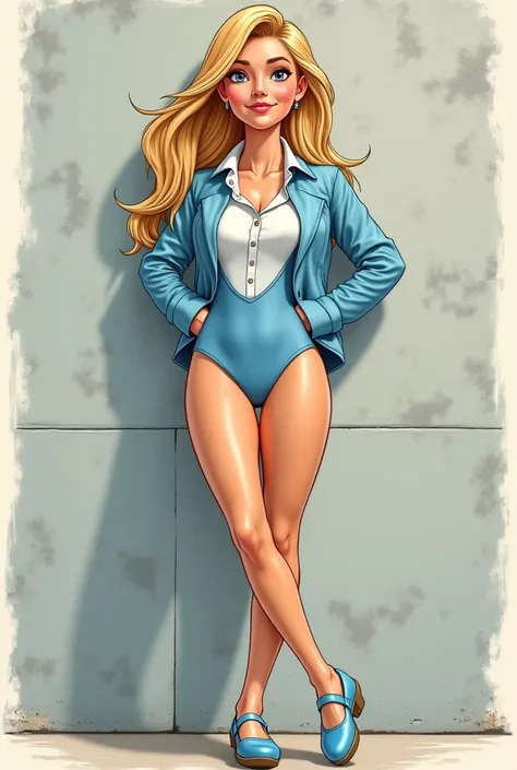 The illustration is a high definition illustration with 4k resolution, with highly detailed facial features and cartoon style visuals, beautiful woman, concrete wall background, light blue leotard , white button shirt under her light blue jacket, light blu...