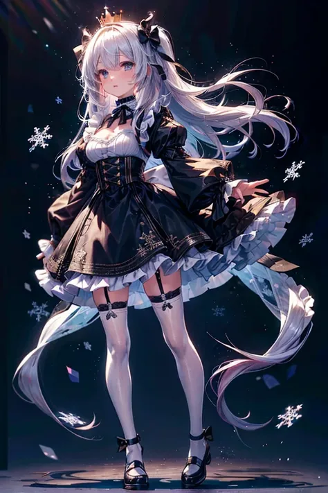 1girl, solo, long hair, breasts, long sleeves, bow, standing, full body, white hair, frills, shoes, choker, puffy sleeves, black footwear, white dress, white thighhighs, sleeves past wrists, gradient background, black ribbon, crown, sleeves past fingers, s...