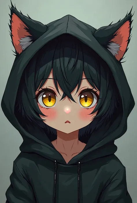 
Cat baby human boy, messy hair color black with yellow eye in black hooded blouse anime style