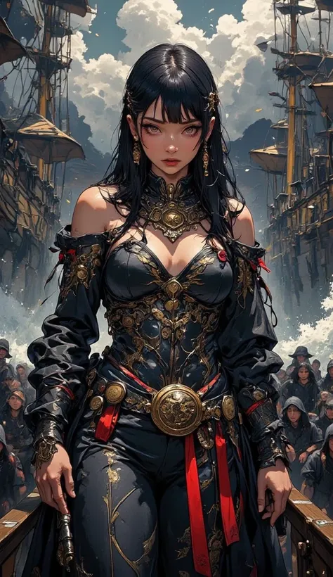 a beautiful pirate queen, on pirate ship, black hair with bangs, black eyes, black queen's pirate dress with hints of red accessories, intricate ship design, black and gold color, majestic, complex texture dress, sexy, big breasts, toned skin, sweaty, she ...