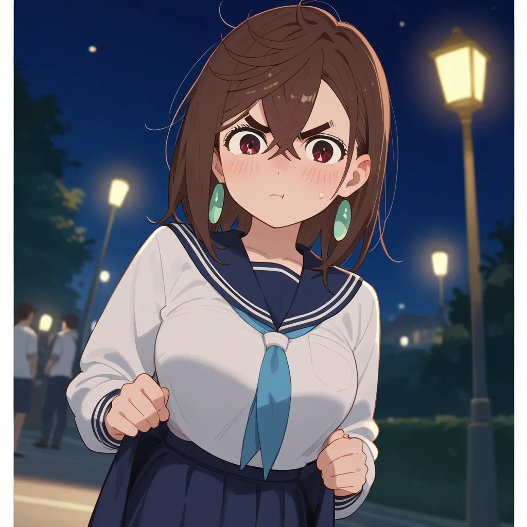 score_9, score_8_up , score_7_up , anime screencap, source_anime, 1girl , alone, KYOMOMO, brown hair, brown eyes, medium hair, hair between eyes, thick eyebrows, earrings, large breasts, pout, looking at viewer, blush, sailor blue suit, lift up the skirt w...