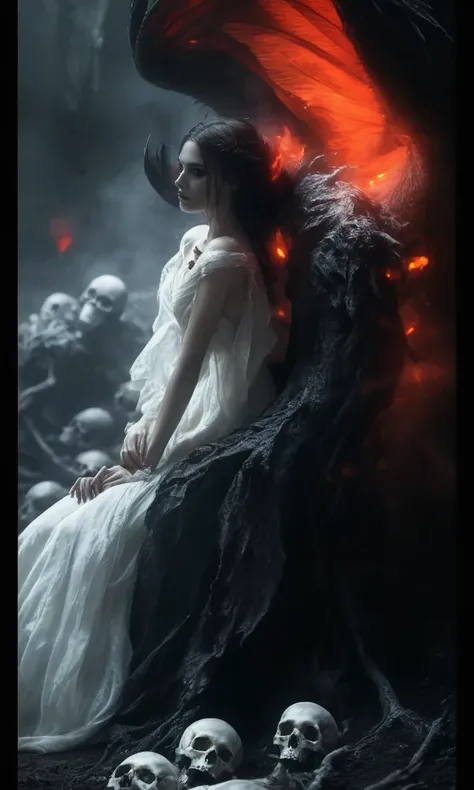 ethereal dark scene, a demonic entity with fiery red eyes and dark, rugged wings enveloping a serene woman in a flowing white dress, sitting amidst a ground covered with ancient skulls, ambient fog swirling around them, surreal and emotive composition, {ME...