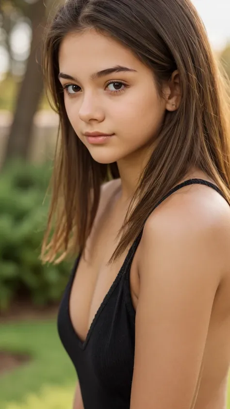   18-year-old woman, light brown hair and black eyes.