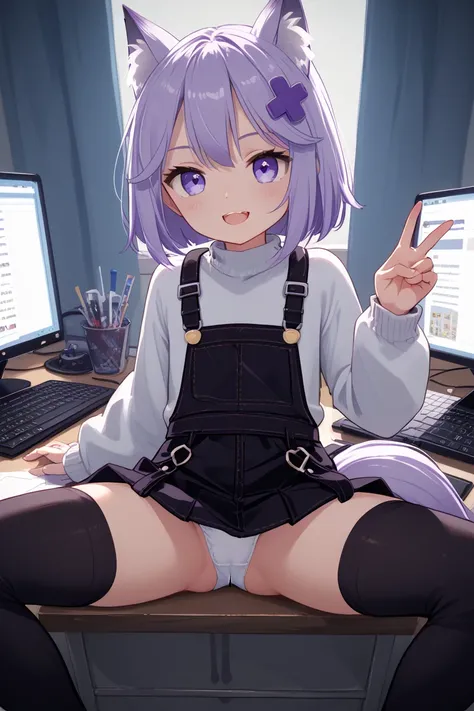 FilianOverall, tail, short hair, purple hair ornament, overalls, white sweater, black thighhighs, 1girl, light colors, vibrant colors, computer on desk, masterpiece ,((panties visible)), ((raised legs)), ((panties in full display)),(spread legs), ((skirt r...