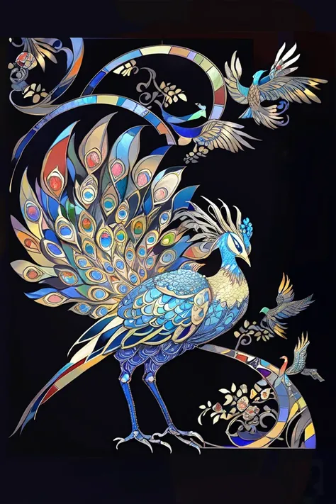  decorative art, modern art,   artistic,    masterpiece,    top quality,    High Facial Details,   Phoenix、Firebird、   stained glass、Long-tailed bird 、Peacock、Upscale Glow 、red、 orange、yellow、 gold、 Geometric Model、