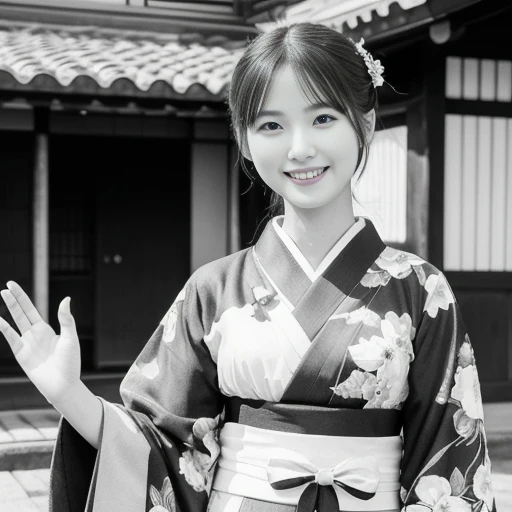 monochrome photography, woman, kimono, floral pattern, waving hand, full body, old Japanese houses, landscape, ((masterpiece)), ((best quality)), (ultra-detailed), ((beautiful eyes)), Japanese female, (slender:1.3), ((30 years old)), beautiful, (cheerful g...