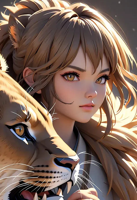  super detailed,  with a ferocious lioness,  cinematic ,  cinematic  Light,  by Nomi,  3d rendering ,  High precision Face,  High precision,  by Nomi Appearance,  realistic,  by Nomi Girl,  High precision Hair