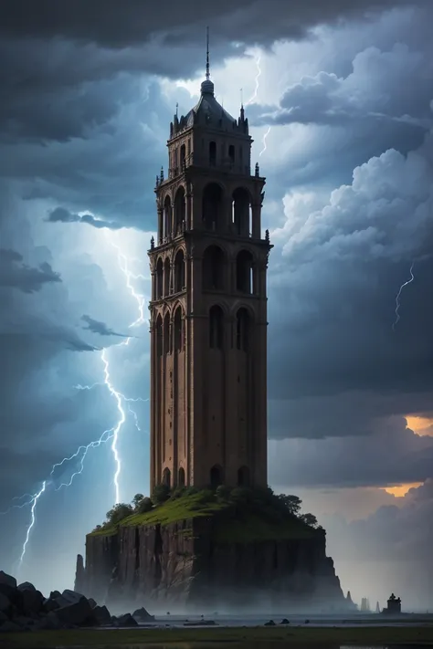 Stunning, epic landscape, ancient, epic tower in distant, dramatic view, storm and lightning 