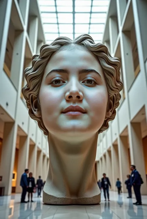 ((( disembodied head statue ))) giant statue of a woman's head is on display at the museum, look up front view