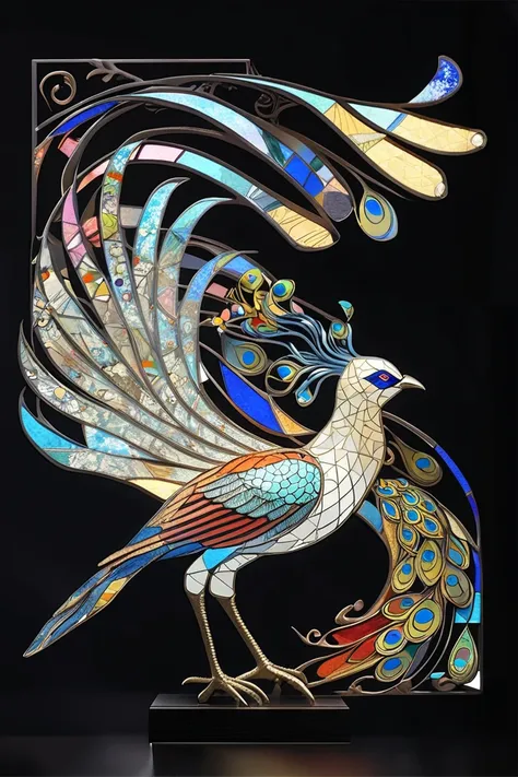  decorative art, modern art,    artistic,     masterpiece,     top quality,      High Facial Details,    Phoenix、Firebird、    stained glass、Long-tailed Bird  、Peacock、 Upscale Glow   、red、  orange、  yellow、 gold、  Geometric Model 、