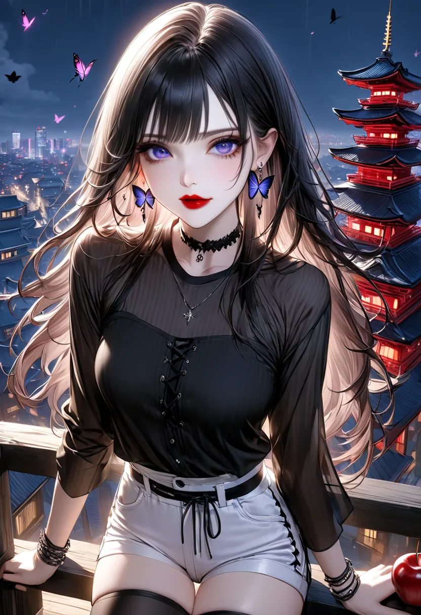  Mibu Shiri

Black long hair straight hair with purple mesh。Pity Purple Eyes 。 white skin。 red lips。 Smooth nose muscles 。Sharp impression。An enchanting beauty with a slender figure 。 Owner with a Mysterious and Unconventional Atmosphere 。 black long shirt...