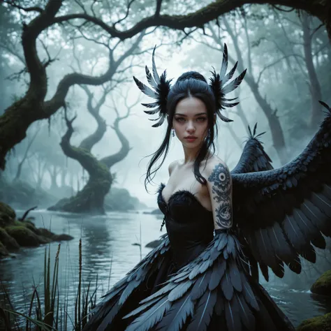 in the dark forest , in the mystical swamp , stands a dazzlingly beautiful young woman (25 years old) with perfect, detailed face. She has an elegant thin nose , fascinating amber glitter in the eyes and long dark hair , decorated with feathers. Behi...
