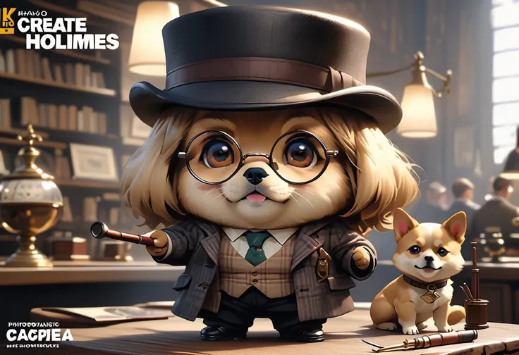 Masterpiece, (highest quality, create a high resolution,4K, 8k),(realistic, photorealistic: 1.5),((Theme Dog Detectives)),Detective Holmes、Hayao Miyazaki、(Dog Sherlock Holmes style)、Inverness coat and hunting hat、magnifying glass、Smoking Pipe、((deformed ch...