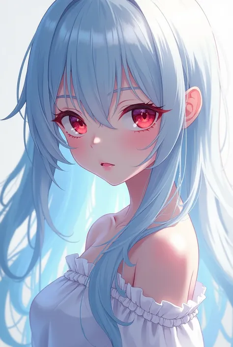 An anime girl, long silvery-blue hair,  her eyes are red , your skin is pale, his clothes are white.