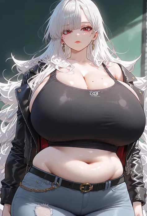 ((white hair), medium long hair, layered strands, side bangs, slightly wavy ends, loose hairstyle, very messy elegant hair, chaotically styled hair), (red eyes, double iris), perfect eyes, casual clothes, skinny jeans and a black leather jacket over a whit...