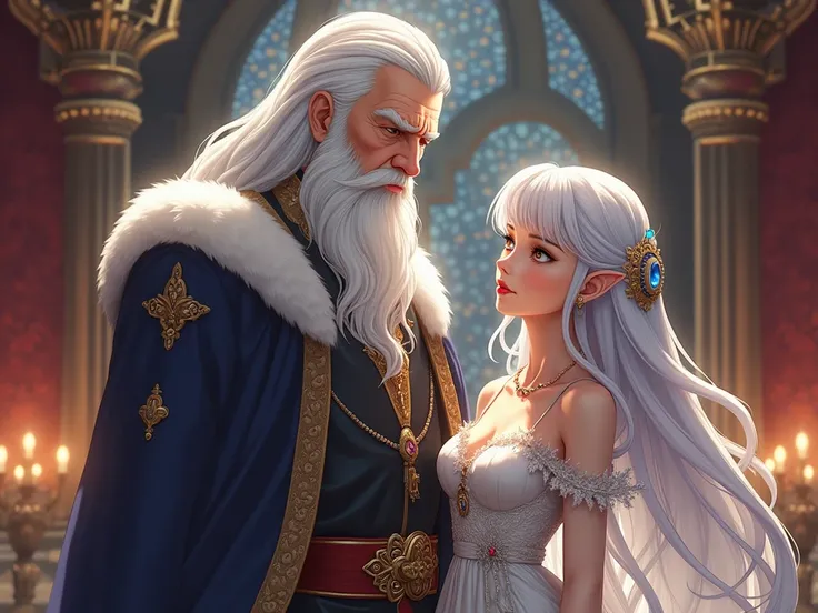 Grey-haired king next to white-haired princess medieval anime style 