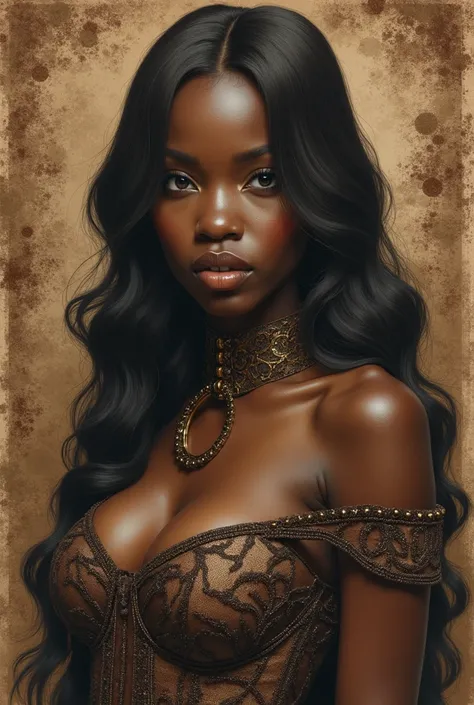 dark sepia pencil drawing and sanguine on brown drawing paper, (best quality, masterpiece), 1 gorgeous ebony queen, full carmine lips, long silky and beautiful hair, maximalist design with intricate details, off the shoulder, cleavage, mini skirt, choker w...