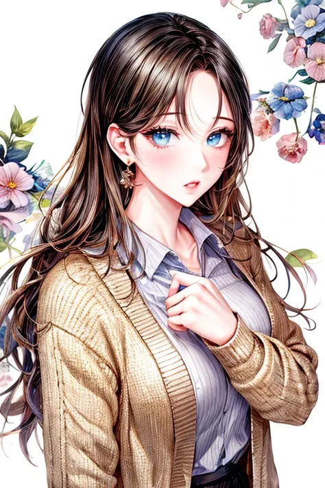 Girl manga style、（Floral background、romance manga）、 white background、 no background、watercolor、Light color、Casual attire、 expressionless、woman、 upper body、Dabby cardigan、 skirt、