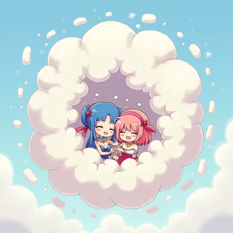 An anime-style illustration depicting fairy-maids playfully wrestling with each other inside a comical fight cloud(fairytale cloud).
each maid has different colored hair.
their faces,hands,and feet are visible emerging from the cloud as they tussle humorou...