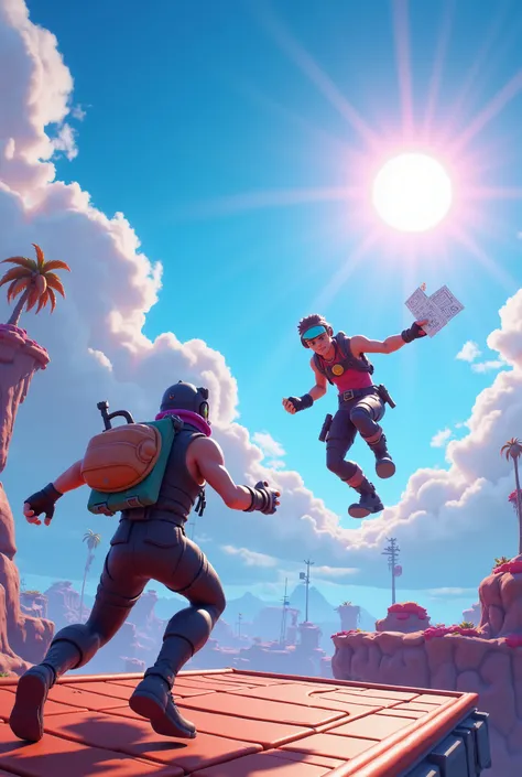  An action-packed Fortnite 1v1 duel on a floating arena with ramps and platforms.  Two characters are in intense combat :  One sprints forward with a blueprint in hand , Ready to build ,  while the other runs up a ramp .  The sky is vivid with bright color...