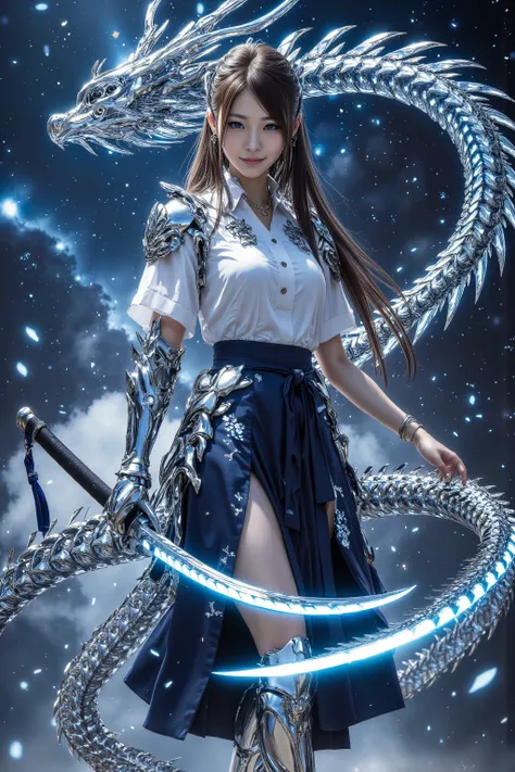 黄金のgod々Shii鎧を纏った容姿端麗の女性騎士、Wearing a skirt、 blue eyes、, the armor is artfully designed down to the smallest detail、 holding a sword in his right hand、 high detail,  very detailed,  Textured Skin , The figure of a giant dragon and a galaxy in the background ...