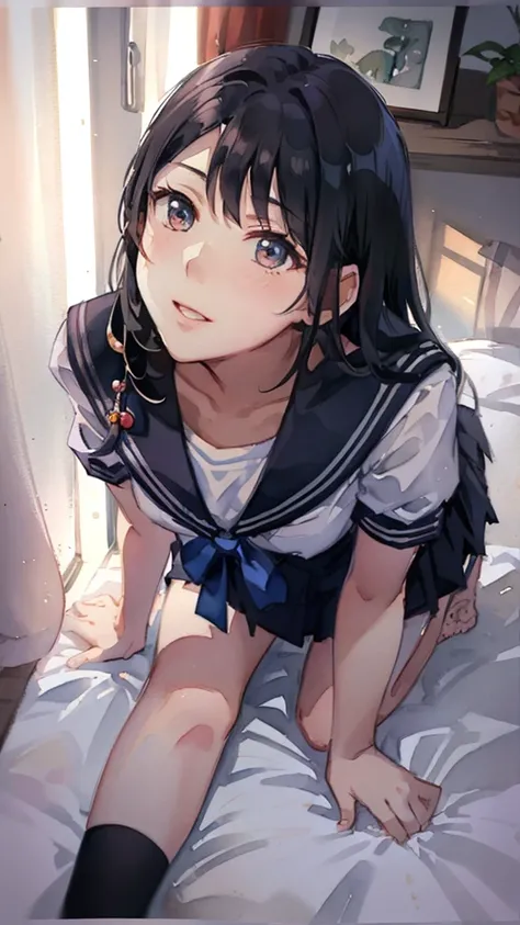 arafed asian girl in a sailor outfit sitting on a bed, young gravure idol, young pretty gravure idol, realistic young gravure idol, chiho, young sensual gravure idol, close up iwakura lain, japanese girl school uniform, young skinny gravure idol, shiori te...