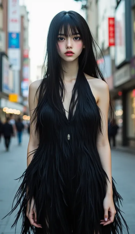 Crow Girl 、woman、21 years old、 long black hair 、 wears a black, sleeveless tuxedo but covers her whole body with black feathers、The background is the city、