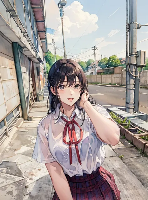 there is a woman that is standing on the sidewalk wearing a skirt, Chiho,  sakimichan, Seifuku, shiori teshirogi, Young Gravure Idol, anime girl in real life, japanese school uniform, Yoshitomo Nara,  sakimichan hdri, realistic Young Gravure Idol, (Masterp...