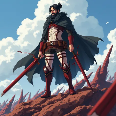  Anime-style illustration of Attack on Titans .  21 year old boy,  black hair tied in a bun and long beard . Strong but not fat  . very attractive.  He wears the uniform of the exploration team with a black cloak with a hairy neck and two long swords from ...