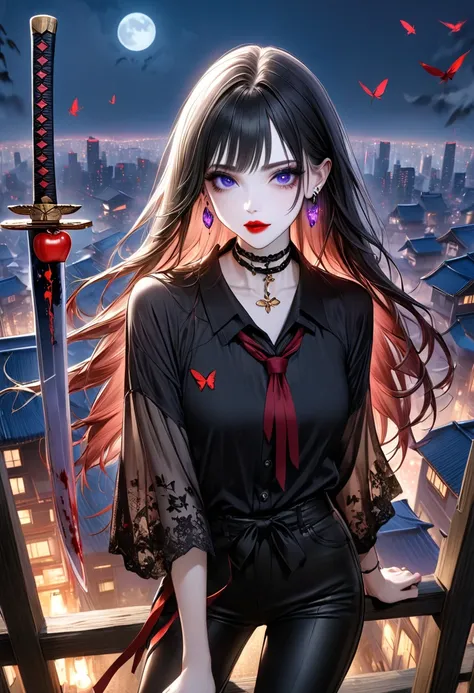  Mibu Shiri

Black long hair straight hair with purple mesh。Pity Purple Eyes 。 white skin。 red lips。 Smooth nose muscles 。Sharp impression。An enchanting beauty with a slender figure 。 Owner with a Mysterious and Unconventional Atmosphere 。 black long shirt...