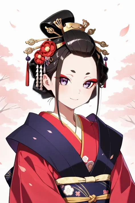 White background, Japanese courtesan, nihongami, black hair, Forehead, Long side hair styled into traditional bin, curving outward gracefully along the sides of the face, typical of traditional Japanese hairstyles, An elaborate Japanese topknot in a single...