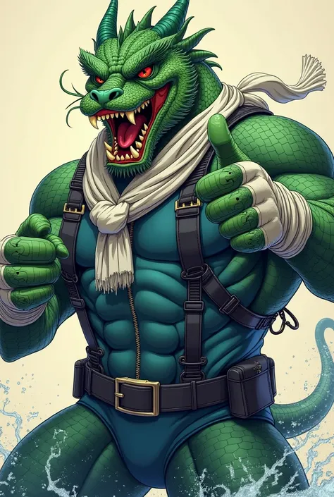 (A rugged beefy very muscular bulky snarling green chinese dragon), (wearing blue zipper wetsuit), thumbs up pose, wearing harness, wearing bulky scuba gear, wearing white hero scarf, muscular physique, toned muscles, fierce, heroic, action, comic artstyle...