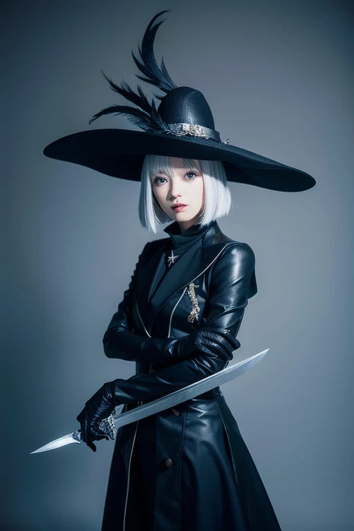  silver hair、 SHORT HAIR、black magician hat、black magician costume、Holds a thin sword、Sharp-eyed、Standing quietly