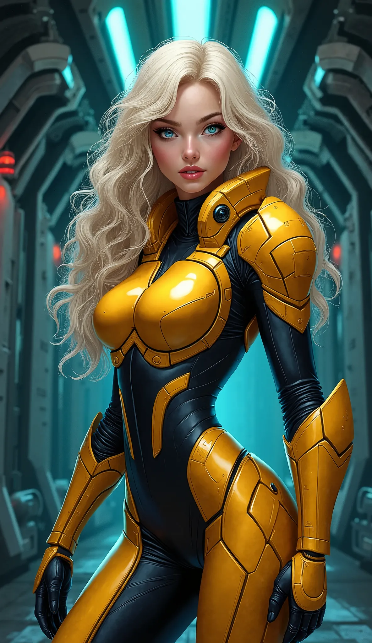 Create a highly detailed illustration of a white woman with long, flowing curly blonde hair and striking blue eyes. She has pale, fair skin and an hourglass silhouette, wearing a sleek, full-body armor suit made of advanced materials that provide both prot...