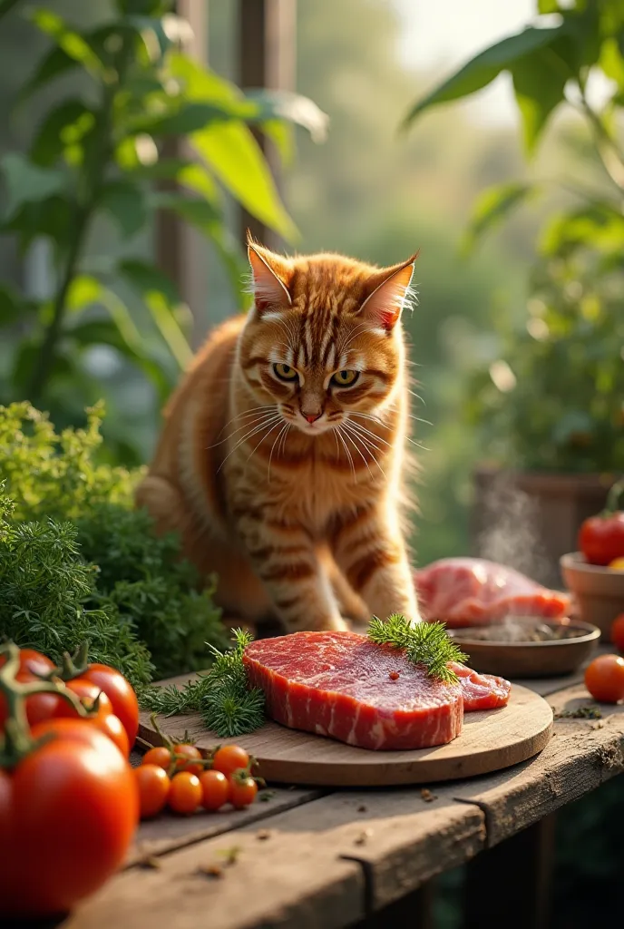 "A hyper-realistic and cinematic image of an orange tabby cat meticulously preparing food in a rustic backyard garden filled with fresh vegetables and herbs. The cat's fur is highly detailed, with individual strands visible, soft lighting enhancing its war...