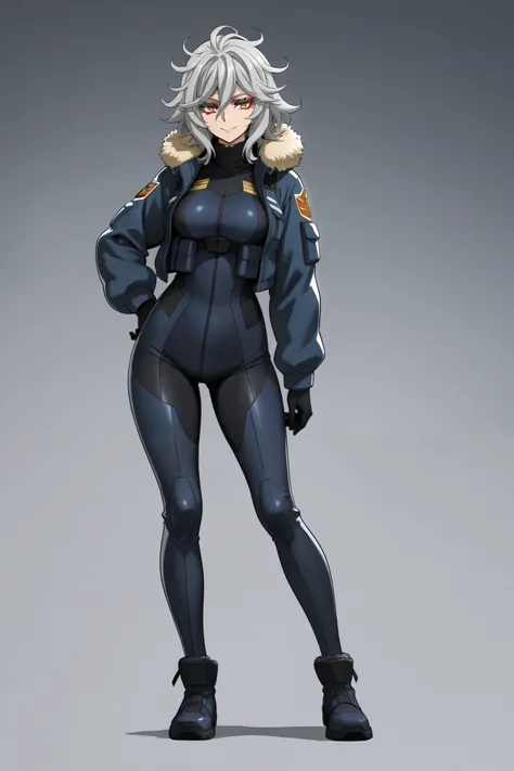 Aged up, mesugaki, smile, tall, medium breasts, grey hair, medium hair, orange eyes, grey eyelashes, red eyeshadow, black body suit, fur trimmed dark blue jacket, tactical clothes, messy hair, full body, thick thights, gundam tekketsu no orphans