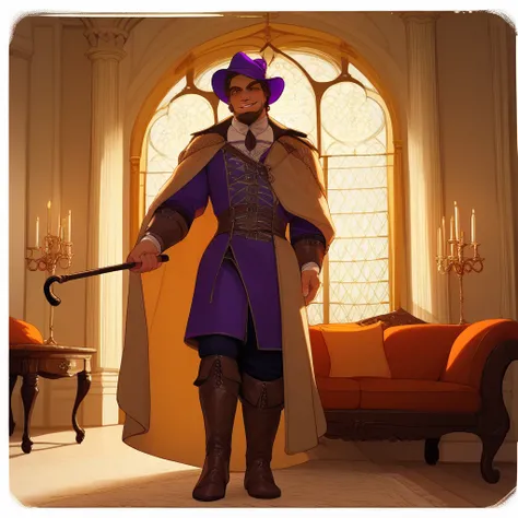 portrait of a pimp sitting in plush fanatsy couch, (inside medieval brothel background), score_9, score_8_up, score_7_up, leather boots, medieval purple trenchcoat, (holding walking cane with bronze decoration), purple wide-rimmed hat, (leopard fur hat), m...