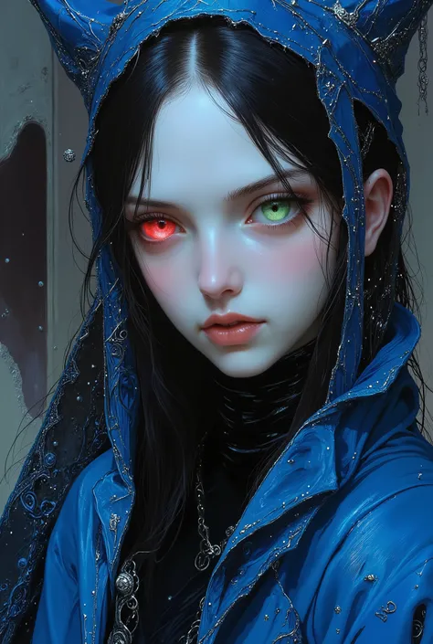 Real girl with black hair white skin with one green and one red eye. wears deep azure blue wizards robe. black turttleneck inside robe.