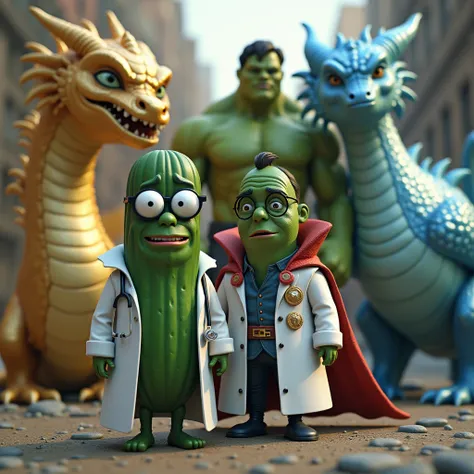 Cucumber dressed up as a doctor wearing glasses, Hulk with Dr Strange cape ,  shiny gold dragon ,  Ice Dragon , film, hd model 