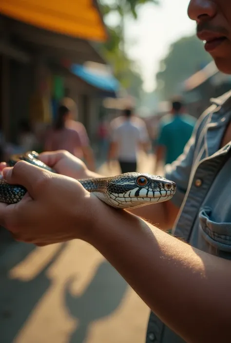 Make me an image of a domesticated pet snake holding in just arm of a 28 years old man in a almost close up shot in filipino street daylight settings