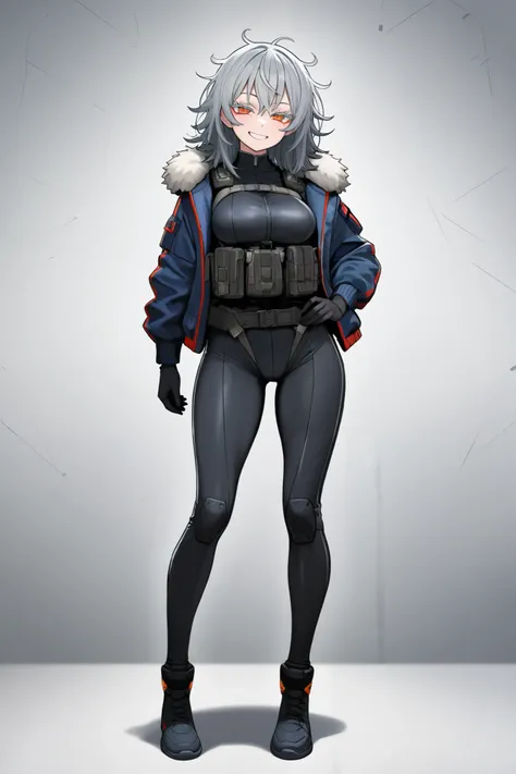 Aged up, mesugaki, smile, tall, medium breasts, grey hair, medium hair, orange eyes, grey eyelashes, red eyeshadow, black body suit, fur trimmed dark blue jacket, tactical clothes, messy hair, full body, thick thights