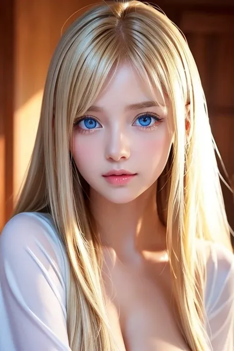 The big, incredibly bright sky blue eyes shine so beautifully、 very big eyes、 super long and shiny super beautiful light blond hair 、 super long straight hair、Silky Blonde、Mysterious blond shine 、 long bangs above the eyes 、 very beautiful face,  young, sh...