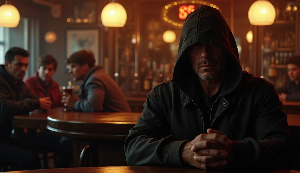 ultra-realistic ,  detailed image in the best quality . Atmospheric bar.  Sylvester is sitting in the foreground at the bar Stallone ,  his face is partially hidden by a hood ,  Creating a mysterious and intense atmosphere .  Dark wood bar with dim light r...