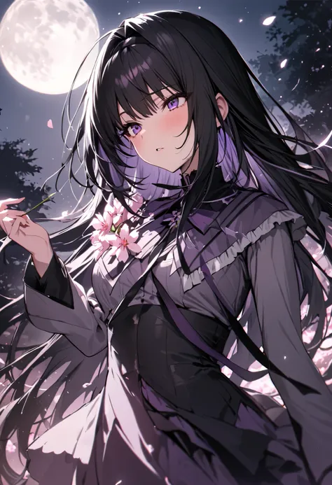   is ridiculous,  high res,  super precise,  high res,   Masterpiece,  top quality,  Extremely Exquisite Face and Eyes ,  Homura Akemi,   black long hair ,  Expressive Purple Eyes , 魔法少女まどか☆マギカ, Alone, woman,  beautiful,  cherry blossom ,  pink flowers,   ...