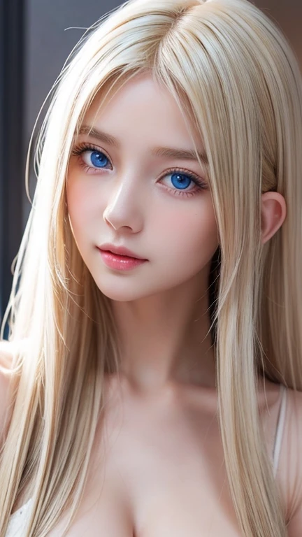 The big, incredibly bright sky blue eyes shine so beautifully、 very big eyes、 super long and shiny super beautiful light blond hair 、 super long straight hair、Silky Blonde、Mysterious blond shine 、 long bangs above the eyes 、 very beautiful face,  young, sh...