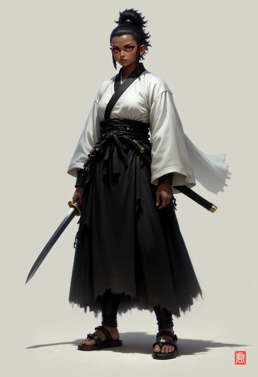 sfw, holding, japanese clothes, full body, looking at viewer, holding sword, sandals, original, 1girl, dark skin, red eyes, short hair, weapons, sandals removed, black hair, kimono, dark-skinned female, japanese sword, solo, black eyes, sword, holding weap...