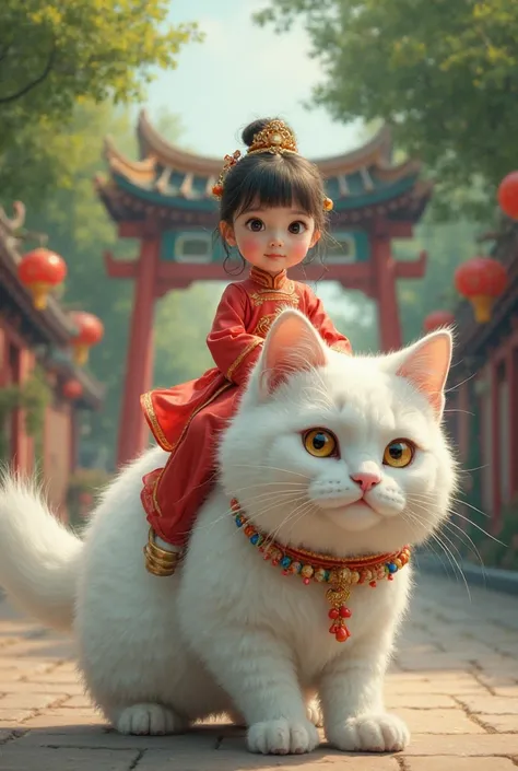 A surreal and whimsical digital painting of a young girl dressed in traditional red Chinese attire, sitting gracefully on the back of an oversized, fluffy white cat. The cat has piercing golden eyes and wears a decorative collar with colorful dangling bead...